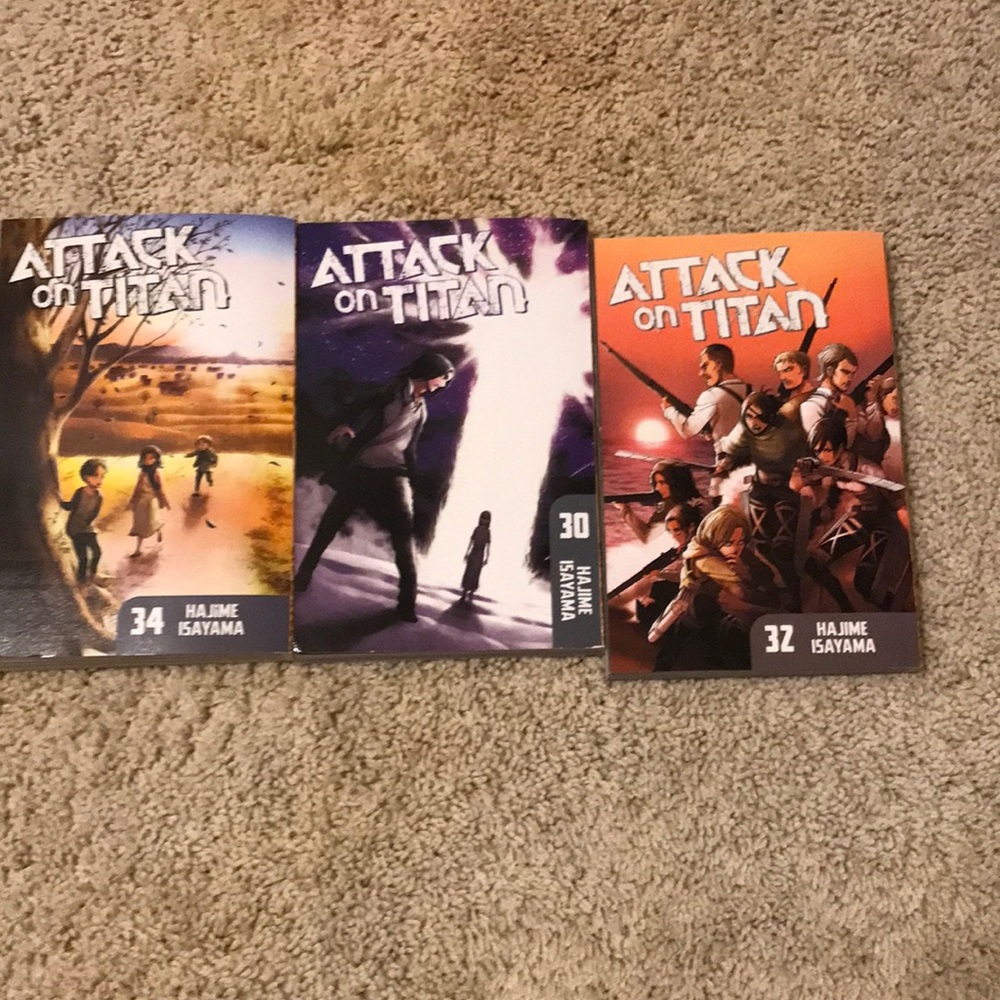 Volumes 30, 32, and 34 of Attack on Titan